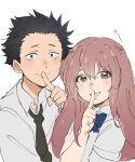  1boy 1girl :d black_eyes black_hair black_necktie blue_bow blue_bowtie bow bowtie collared_shirt finger_to_mouth highres hunnyamai index_finger_raised ishida_shouya koe_no_katachi long_hair looking_at_viewer necktie nishimiya_shouko school_uniform shirt short_hair short_sleeves shushing simple_background smile spiked_hair upper_body white_background white_shirt 