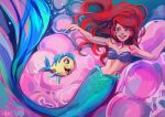  1girl 2023 ariel_(disney) artist_name blue_eyes blush bubble collarbone derivative_work fish floating_hair flounder_(the_little_mermaid) hair_behind_ear highres jellyfish kammi_lu long_hair looking_to_the_side mermaid monster_girl navel open_mouth parted_lips red_hair screencap_redraw shell shell_bikini smile solo_focus the_little_mermaid the_little_mermaid_(2023) underwater very_long_hair 