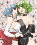  2girls bare_shoulders blue_hair breasts chickenkue dress filia_(star_ocean) flower gloves highres holding_hands large_breasts lavarre multiple_girls open_mouth pointy_ears red_eyes short_hair smile star_ocean star_ocean_the_second_story white_background 