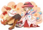  1girl :d arm_support bangs blonde_hair blue_eyes blue_ribbon blush boots braixen brown_footwear commentary_request dress hand_up hat marutoko45 neck_ribbon open_mouth pancham pink_headwear pokemon pokemon_(anime) pokemon_(creature) pokemon_xy_(anime) ribbon serena_(pokemon) short_hair sitting smile sylveon thighhighs tongue white_dress 