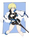  1boy 1girl blonde_hair blue_eyes blue_gloves breasts dragon_install ebi_pri_shrimp fingerless_gloves genderswap genderswap_(mtf) gloves guilty_gear guilty_gear_strive highres holding holding_sword holding_weapon ky_kiske large_breasts looking_at_viewer short_hair simple_background sword weapon 