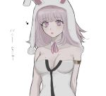  1girl :o animal_ears armlet arms_at_sides bare_shoulders black_leotard breasts collarbone danganronpa_(series) danganronpa_2:_goodbye_despair grey_eyes heart highres large_breasts leotard looking_at_viewer medium_hair michi_(michiisidayo) mole mole_on_breast nanami_chiaki official_alternate_costume pink_hair playboy_bunny rabbit_ears simple_background solo translation_request white_background white_leotard 
