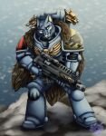  absurd_res adeptus_astartes armor blue_body blue_fur bone buzz canid canine canis cape clenched_teeth clothing fur fur_cloak gun hi_res machine mammal power_armor ranged_weapon skull snarling snow solo space_wolves teeth teeth_showing warhammer_(franchise) warhammer_40000 weapon wolf 