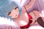  1girl :d bare_shoulders bed_sheet blue_hair bra breasts brown_thighhighs cleavage commentary_request feathered_wings heart highres large_breasts looking_at_viewer lying on_side original panties pillow pink_nails red_bra red_panties skindentation smile solo strap_slip temari_rin thighhighs underwear underwear_only white_wings wings yellow_eyes 