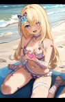  absurdres alice_(grimlight) alternate_costume bandages bandaid beach bikini blue_eyes breasts butterfly_hair_ornament choker grimlight hair_ornament heart heart-shaped_pupils highres long_hair looking_at_viewer medium_breasts non-web_source open_mouth sitting smile swimsuit symbol-shaped_pupils wariza wayanfa 
