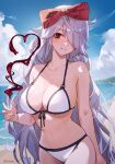  1girl arena_of_valor bare_shoulders beach bikini blue_sky blush bow breasts cleavage cloud day front-tie_bikini_top front-tie_top grin hair_bow hair_over_one_eye highres large_breasts long_hair looking_at_viewer outdoors red_bow red_eyes side-tie_bikini_bottom sinestrea_(arena_of_valor) sky smile solo sooon stomach swimsuit thighs very_long_hair white_bikini white_hair 
