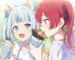  2girls absurdres animal_ears black_ribbon blue_eyes blue_hair blue_nails blunt_bangs blurry blurry_background blush cat_ears cookie cream cream_on_face crepe day dice_hair_ornament dot_nose earrings egg_(food) fingernails fish food food_on_face frilled_sleeves frills gawr_gura gawr_gura_(2nd_costume) grey_hair hair_ornament hair_ribbon hardboiled_egg heart heart_earrings highres holding holding_food hololive hololive_english houshou_marine jewelry kamaboko long_hair looking_at_viewer misyune multicolored_hair multiple_girls nail_polish narutomaki noodles official_alternate_costume open_mouth outdoors profile red_eyes red_hair ribbon romaji_commentary sharp_teeth shinkiro_(hololive) shirt short_sleeves side_ponytail sidelocks smile streaked_hair sunlight suspenders teeth twintails virtual_youtuber white_shirt 