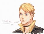  1boy 2608337875 arrow_print blonde_hair blue_eyes bolo_tie highres jojo_no_kimyou_na_bouken male_focus parted_lips portrait prosciutto short_hair smoke solo swept_bangs vento_aureo 