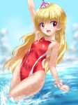  1girl ankake_hitokaji blonde_hair blue_sky cloud clownpiece competition_swimsuit day hat highres horizon jester_cap long_hair ocean one-piece_swimsuit outdoors red_eyes red_one-piece_swimsuit sky solo splashing swimsuit touhou wading water 