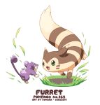  animal_focus artist_name character_name facial_mark furret grass green_eyes jumping no_humans nomura_(arumon) open_mouth pokedex_number pokemon pokemon_(creature) rattata scared whisker_markings white_background 