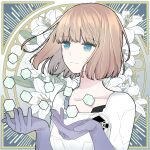  1girl blue_eyes blunt_bangs bob_cut border breasts brown_hair cube floating floating_object floral_background flower gloves hands_up highres lily_(flower) looking_ahead nasu_rei nasu_squad&#039;s_uniform purple_gloves seto_taichi short_hair small_breasts smile solo uniform upper_body white_flower world_trigger 