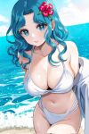  1girl aqua_eyes aqua_hair bare_legs bare_shoulders beach bikini bishoujo_senshi_sailor_moon breasts check_commentary cleavage cloud collarbone commentary_request cowboy_shot day flower hair_flower hair_ornament highres kaiou_michiru koharumichi large_breasts light_blush lips long_hair looking_at_viewer medium_hair midriff navel outdoors parted_bangs red_flower sand sidelocks sky smile solo stomach swimsuit water wavy_hair white_bikini 