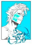  1boy absurdres bleach blue_background blue_eyes collarbone grimmjow_jaegerjaquez hair_between_eyes highres ken&#039;ichi_(ken1ro_u) looking_at_viewer paint_splatter paint_splatter_on_face parted_lips sleeveless solo tank_top teeth upper_body 