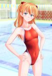  1girl absurdres blue_eyes blurry blurry_background breasts collarbone commentary_request competition_school_swimsuit covered_navel cowboy_shot hands_on_own_hips highleg highleg_swimsuit highres interface_headset neon_genesis_evangelion one-piece_swimsuit orange_hair pool red_one-piece_swimsuit school_swimsuit small_breasts solo souryuu_asuka_langley string_of_flags swimsuit takafumi two_side_up 