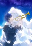  1boy blue_eyes blue_hair cloud collared_shirt commentary_request hands_up highres holding holding_instrument instrument kaito_(vocaloid) long_sleeves looking_at_viewer male_focus outdoors paper parang_99 shirt short_hair sideways_glance solo sweater trumpet upper_body vocaloid 