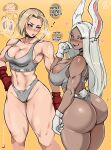  ! 2girls abs absurdres almualim animal_ears ass bare_shoulders black_choker blonde_hair blush boku_no_hero_academia breasts breath cammy_white choker cleavage collarbone copyright_name dark-skinned_female dark_skin english_text gloves grey_panties grey_sports_bra hand_on_own_hip heart highleg highleg_panties highres huge_ass large_breasts long_eyelashes long_hair looking_at_another looking_at_viewer medium_breasts mirko multiple_girls navel panties parted_bangs parted_lips patreon_username rabbit_ears rabbit_girl rabbit_tail red_eyes red_gloves short_hair signature sports_bra stomach street_fighter street_fighter_6 tail tail_through_clothes thick_thighs thigh_gap thighs toned underwear white_hair yellow_background 
