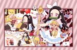  &gt;_&lt; 1boy 1girl absurdres agatsuma_zenitsu alternate_costume apron bamboo beads bit_gag black_hair blonde_hair brown_eyes brown_hair cake candy card cardcaptor_sakura checkered_clothes checkered_jacket flower food forehead fruit gag gradient_hair hair_ribbon hat highres jacket kamado_nezuko kero kimetsu_no_yaiba long_hair long_sleeves maid maid_apron multicolored_hair open_mouth pink_eyes pink_ribbon pori_(kmt_pori) ribbon rose short_hair strawberry striped striped_thighhighs thighhighs top_hat very_long_hair white_ribbon 