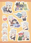  2608337875 age_regression aged_down blue_eyes brother_and_sister chain chibi earrings expressions flattop food gakuran grey_hair heart heart_earrings hierophant_green highres ice_cream jean_pierre_polnareff jewelry jojo_no_kimyou_na_bouken kakyoin_noriaki looking_back male_focus outline red_hair school_uniform shaded_face sherry_polnareff siblings silver_chariot star_platinum stardust_crusaders white_outline 