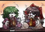  +++ 2girls ascot black_outline blush bow brown_hair clenched_hand closed_eyes collared_shirt colored_skin cup detached_sleeves disgust frilled_bow frilled_hair_tubes frilled_shirt_collar frills gradient_background green_hair hair_between_eyes hair_bow hair_tubes hakurei_reimu hatching_(texture) highres holding holding_cup jar kazami_yuuka laughing letterboxed long_hair long_sleeves medium_bangs multiple_girls open_clothes open_mouth open_vest orange_background outline pink_shirt plaid plaid_vest red_bow red_eyes red_shirt red_vest saucer shirt short_hair sidelocks sleeveless sleeveless_shirt smile squiggle suenari_(peace) sugar_cube table tea teacup tongue tongue_out touhou tweezers upper_body vest white_skin white_sleeves wide_sleeves yellow_ascot 