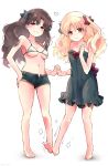  2girls alternate_costume azumi_(myameco) bare_shoulders barefoot bikini black_one-piece_swimsuit black_ribbon black_shorts blonde_hair breasts brown_hair closed_mouth commentary_request ereshkigal_(fate) fate/grand_order fate_(series) full_body hair_ribbon heart holding_hands interlocked_fingers ishtar_(fate) long_hair looking_at_viewer medium_breasts multiple_girls one-piece_swimsuit red_eyes red_ribbon ribbon short_shorts shorts siblings simple_background sisters smile soles standing swimsuit toes two_side_up white_background white_bikini 