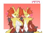 &lt;3 absurd_res anthro big_breasts breasts canid canine delphox duo duo_focus female fur generation_6_pokemon girly group hand_holding hi_res inner_ear_fluff licking licking_lips looking_at_viewer male mammal mittsu nintendo pokemon pokemon_(species) red_body red_fur simple_background tongue tongue_out tuft white_body white_fur yellow_body yellow_fur 