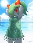  anthro beach breasts clothed clothing female generation_3_pokemon green_hair hair hand_on_head hi_res kirlia looking_at_viewer nintendo outside pokemon pokemon_(species) red_eyes rilex_lenov seaside small_breasts smile solo white_body yui_(rilex_lenov) 