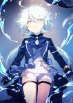  1girl absurdres black_gloves blue_jacket closed_eyes commentary_request facing_viewer furina_(genshin_impact) genshin_impact gloves hair_between_eyes highres jacket parted_lips short_shorts shorts sleeves_past_wrists sofra solo thigh_strap water white_hair white_shorts 