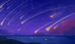  1boy cloud commentary english_commentary flying highres horizon jiiyawns night night_sky outdoors red_footwear scenery shooting_star signature sky solo sonic_(series) sonic_frontiers sonic_the_hedgehog sparkle star_(sky) starry_sky super_sonic water 