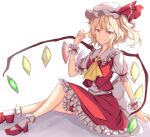  1girl ascot back_bow blonde_hair bobby_socks bow collared_shirt flandre_scarlet frilled_shirt_collar frilled_skirt frilled_sleeves frills from_side full_body hat hat_ribbon highres knee_up large_bow looking_at_viewer mary_janes medium_hair mob_cap multicolored_wings one_side_up open_mouth puffy_short_sleeves puffy_sleeves red_eyes red_footwear red_ribbon red_skirt red_vest ri_cochet ribbon shirt shoes short_sleeves simple_background skirt skirt_set smirk socks solo touhou vest white_background white_bow white_headwear white_shirt white_socks wings wrist_cuffs yellow_ascot 