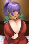  1girl after_fellatio after_paizuri arc_the_lad breasts bright_pupils capelet cleavage clothes_pull covered_nipples cum cum_in_mouth cum_on_body cum_on_breasts green_capelet high_ponytail highres huge_breasts kloah kukuru_(arc_the_lad) on_bed ponytail purple_eyes purple_hair red_robe robe scarf sitting solo sweat white_pupils yellow_scarf 