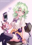  1girl alternate_costume black_thighhighs blush bow bowtie breasts bright_pupils cellphone cracked_screen crossed_legs expressionless feet_out_of_frame green_eyes green_hair hair_behind_ear hair_ornament heart highres holding holding_phone komeiji_koishi long_hair looking_at_viewer medium_breasts nail_polish no_headwear nomayo phone pink_background purple_bow purple_bowtie purple_nails school_uniform scrunchie shirt simple_background sitting skirt smartphone solo thighhighs touhou wavy_hair wrist_scrunchie 