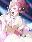  1girl :d blurry blush bokeh bow commentary_request depth_of_field dress hair_bow hands_up heart highres holding holding_microphone idol kiratto_pri_chan light_particles long_hair looking_ahead microphone momoyama_mirai music niku_(onikujunjuwa) open_mouth pink_hair pink_sash ponytail pretty_(series) puffy_short_sleeves puffy_sleeves purple_eyes sash short_sleeves sidelocks singing smile solo stage_lights sweatdrop white_bow white_dress 