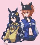 2girls ? animal_ears baseball_bat black_hair black_headwear blue_choker blue_jacket blush breasts brown_hair choker cleavage clover clover_ornament clueless collarbone commentary crop_top curly_hair daiwa_major_(racehorse) dance_in_the_mood_(racehorse) drill_hair ear_ornament eyes_visible_through_hair fang fang_out four-leaf_clover frilled_shirt_collar frills fur-trimmed_jacket fur_trim genderswap genderswap_(mtf) hair_between_eyes hands_in_pockets highres horse_ears horse_girl initial jacket letterman_jacket long_hair long_sleeves midriff multiple_girls navel obushideian open_clothes open_jacket original personification pink_background red_eyes rivals shirt sideways_glance simple_background skin_fang tank_top twin_drills umamusume upper_body very_long_hair white_hair yellow_eyes yellow_shirt 