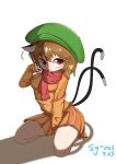  1girl adapted_costume animal_ears arm_up bare_legs beret between_legs bloom breasts brown_eyes brown_hair brown_shirt brown_skirt casual cat_ears cat_tail chen chinese_commentary commentary_request d: dated full_body green_headwear hand_between_legs hat long_sleeves looking_at_viewer medium_breasts multiple_tails nekomata no_nose parted_lips pleated_skirt red_scarf scarf seiza shadow shirt short_hair signature simple_background sitting skirt skirt_set solo tail touhou two_tails upturned_eyes user_avpn4885 white_background 