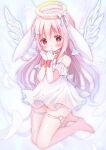  angel angel_wings animal_ears barefoot blush bound bound_wrists bow choker dress falling_feathers feathered_wings feathers full_body halo hanasaki_chiyu hanasakichu heart heart-shaped_lock heart-shaped_pupils heart_o-ring highres key long_hair looking_at_viewer o-ring o-ring_thigh_strap original parted_lips pink_eyes pink_hair rabbit_ears rabbit_girl ribbon ribbon_bondage short_dress strapless strapless_dress symbol-shaped_pupils thigh_strap very_long_hair wing_hair_ornament wings 