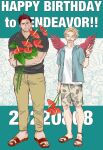  2boys bara beard beard_stubble boku_no_hero_academia camouflage camouflage_shorts endeavor_(boku_no_hero_academia) facial_hair flower fragola_mha full_body happy_birthday hawks_(boku_no_hero_academia) head_tilt highres light_frown male_focus mature_male multiple_boys muscular muscular_male pants pectorals red_flower sandals scar scar_across_eye short_hair shorts sideburns spiked_hair standing stubble thick_eyebrows yaoi 