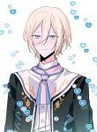  1boy black_jacket blonde_hair blue_eyes blue_neckerchief closed_mouth eichi_turnr ensemble_stars! heart highres jacket long_sleeves looking_at_viewer male_focus multicolored_neckerchief neckerchief pink_neckerchief shirt short_hair smile solo soukai_kagayaku_shinjitsu_no_atlantis_(ensemble_stars!) tenshouin_eichi turtleneck white_background white_shirt 