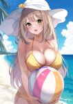  1girl :d absurdres ball beach beachball bikini blonde_hair blue_archive blue_sky breasts cloud day flower green_eyes guri_(gri1211) hat hat_flower highres holding holding_ball large_breasts looking_at_viewer nonomi_(blue_archive) nonomi_(swimsuit)_(blue_archive) ocean official_alternate_costume open_mouth outdoors sideboob sky smile solo sun_hat swimsuit yellow_bikini 