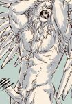  anthro armpit_hair balls bodily_fluids body_hair chest_hair chest_tuft delicious_in_dungeon digital_media_(artwork) erection feathered_wings feathers felid genital_fluids genitals inubikko lion looking_at_viewer male mammal mane muscular muscular_male open_mouth pantherine penis precum pubes raised_arms sketch solo tail tuft winged_lion_(delicious_in_dungeon) wings yellow_eyes 