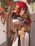  1girl absurdres armor breasts cowboy_shot dress faulds gloves hair_between_eyes hand_in_own_hair highres holding holding_sword holding_weapon large_breasts leaf long_hair o-ring_strap ori_dal original pauldrons red_eyes red_hair shoulder_armor solo strap sword weapon white_dress wooden_door 