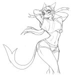  anthro clothing crop_top dolphin_shorts eyewear female generation_5_pokemon glasses hair hands_behind_head line_art long_body mammal mienshao monochrome nintendo noruru3737 pokemon pokemon_(species) ponytail shirt small_waist solo topwear wide_hips 