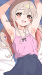  1girl armpits arms_up bare_shoulders bed_sheet black_skirt blush brown_eyes camisole commentary_request dated high-waist_skirt light_brown_hair long_hair looking_at_viewer lying mokyutan on_back on_bed onii-chan_wa_oshimai! open_mouth oyama_mahiro pink_camisole sideways_glance skirt smile solo sweat twitter_username upper_body watermark 
