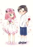  1boy 1girl anya_(spy_x_family) black_footwear black_hair blue_shorts child damian_desmond dress female_child flower green_eyes hair_flower hair_ornament hairpods holding holding_flower maekawa_suu pink_hair rose shirt shoes short_sleeves shorts socks spy_x_family white_dress white_shirt 