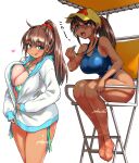  1girl :q bare_shoulders barefoot bikini blue_eyes blue_one-piece_swimsuit blush breasts brown_hair cleavage dark-skinned_female dark_skin hat heart highres jacket large_breasts long_hair looking_at_viewer multiple_views nekoguchi one-piece_swimsuit one-piece_tan original ponytail sitting sleeves_past_wrists smile swimsuit tan tanlines teeth tongue tongue_out whistle whistle_around_neck 
