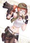  1girl :q ;q absurdres aiming aiming_at_viewer bandaid_on_stomach belt black_gloves blush breasts brown_eyes brown_hair cleavage commentary crop_top cropped_jacket eating fingerless_gloves fio_germi food glasses gloves gun hands_up hat heart heart_necklace highres holding holding_food holding_gun holding_weapon jewelry long_hair looking_at_viewer lusan666 medium_breasts medium_hair metal_slug midriff military_hat navel necklace one_eye_closed orange_hair pantyhose ponytail rabbit_ornament rabbit_pin revolver sandwich short_shorts shorts smile solo tank_top thighs tongue tongue_out torn_clothes torn_pantyhose torn_shorts weapon white_belt white_tank_top yellow_eyes 