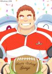  1boy ^_^ absurdres bara blush brown_hair cake closed_eyes confetti facial_hair facing_viewer food fumiya_205 goatee goatee_stubble highres holding holding_cake holding_food large_pectorals male_focus muscular muscular_male pectorals red_shirt rugby_uniform scar scar_on_cheek scar_on_face shirt short_hair sideburns solo sportswear stubble tamamura_gunzo thick_eyebrows tokyo_afterschool_summoners upper_body 