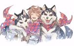  1boy animal animal_ears blush brown_gloves brown_hair closed_eyes dog dog_boy dog_ears gloves gran_(granblue_fantasy) granblue_fantasy lumberjack_(granblue_fantasy) male_focus official_alternate_costume open_mouth short_hair simple_background smile tongue tongue_out white_background zanki 