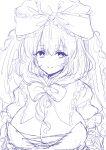  1girl absurdres bow breasts cleavage commentary cross-laced_clothes efukei frilled_bow frilled_ribbon frills front_ponytail hair_bow hair_ribbon highres kagiyama_hina large_breasts long_hair looking_at_viewer monochrome parted_lips ribbon short_sleeves simple_background sketch smile solo touhou upper_body 