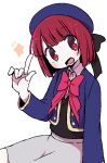 1girl :d arima_kana beret black_vest blue_headwear blue_jacket blunt_bangs blush bob_cut bow buttons collared_shirt cropped_jacket dokan_(dkn) grey_skirt hand_up hat jacket long_sleeves looking_at_viewer open_mouth oshi_no_ko pink_bow red_eyes red_hair school_uniform shirt short_hair simple_background sitting skirt smile solo star_(symbol) vest white_background white_shirt youtou_high_school_uniform 