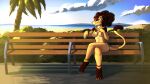  anklet beach bench bikini bracelet breasts brown_body brown_fur brown_hair clothed clothing felid female feretta fur green_eyes hair hi_res jewelry laylah_mwako lion looking_at_viewer mammal muscular muscular_female nipples outside pantherine public public_nudity raised_clothing raised_topwear seaside sitting swimwear tan_body tan_fur tongue tongue_out topwear 